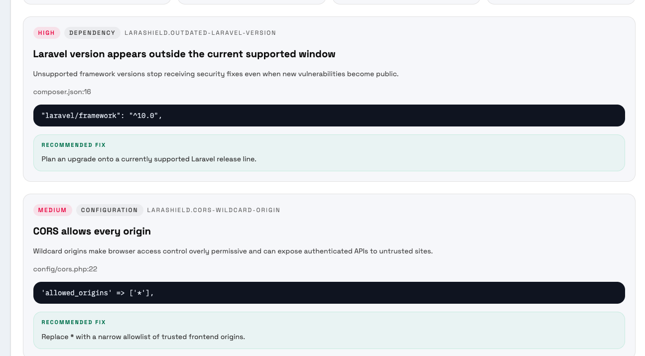 LaraShield code analysis showing security findings with severity levels and recommended fixes.